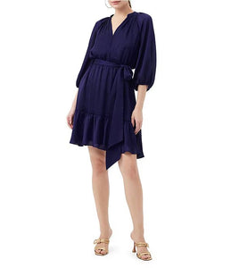 Asuma Crinkle Georgette V-Neck 3/4 Sleeve Tie Waist Dress