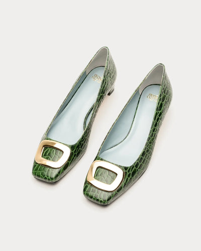 Mary Mini Block Heel Croc Embossed Leather